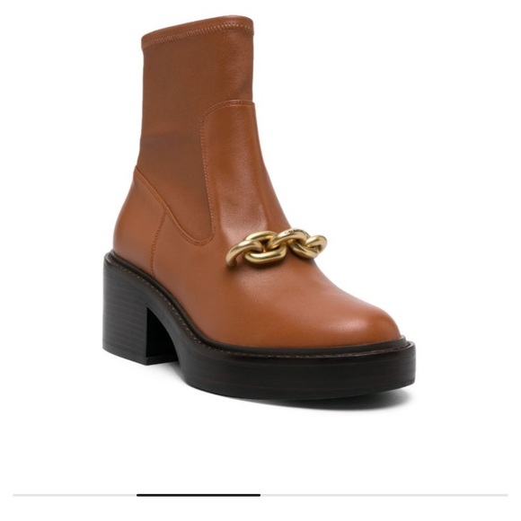 Coach Kenna honey caramel brown bootie with gold chain chunky heel ankle boot - Picture 3 of 14